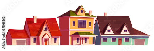 Residential houses exterior in suburb district. Vector cartoon set of suburban cottages with garage, modern real estate property in countryside. Villages isolated on white background