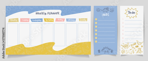 Weekly planner, to do list, notes in linear doodle flat style with cute dinos. Set of digital prints. Back to school. Flat lay, organizer mock up