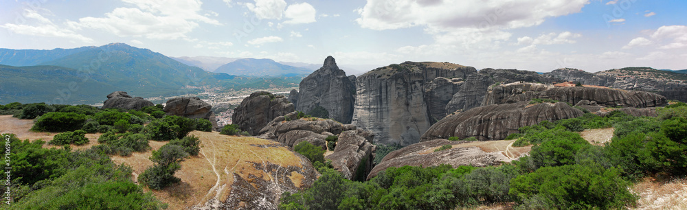 Landscaped panorama view of Meteora mountains in Greece