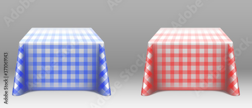 Checkered tablecloths on square tables. Empty dining desks with blue and red linen clothes for restaurant banquet, holiday event or home dinner. Template with fabric cover realistic 3d vector mockup