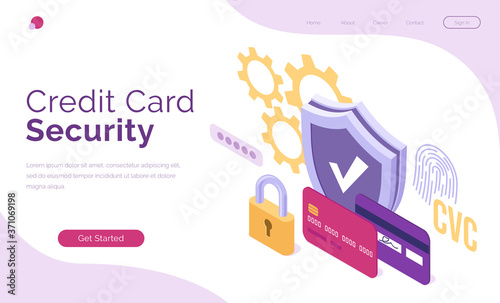 Credit card security banner. Concept of protection online payments and money from fraud and mobile scam. Vector landing page with isometric banking cards, shield and padlock