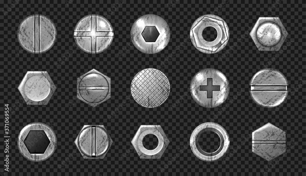 Old screw and nail heads set, steel metal bolts, grunge rusty rivets hardware grey caps with grooves and holes top view isolated on transparent background. Realistic 3d vector illustration, icons