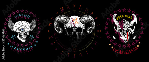 Set of three illustrated skulls. Vector drawings of heads for t-shirts or posters.