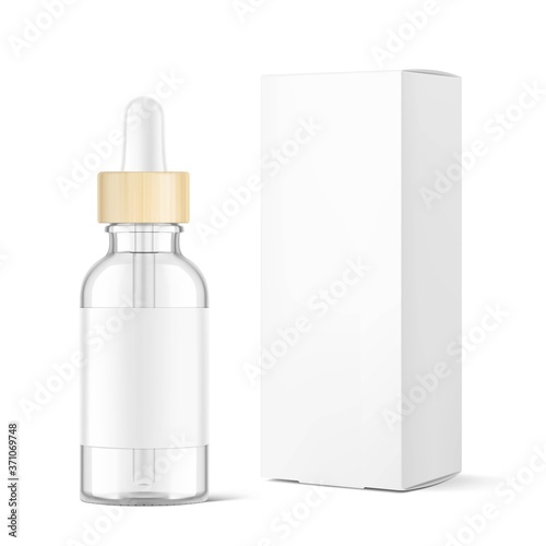 Dropper bottle with wooden cap and and cardboard box mockup isolated on white background. Vector illustration. Сan be used for cosmetic, medical and other needs. EPS10.	
