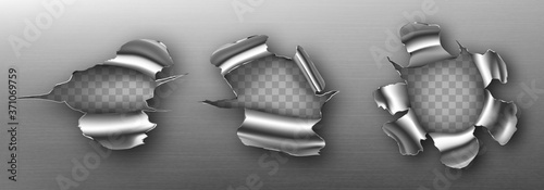 Metal rip holes with curly edges, ragged cracks, cut damage on steel sheet. Torn slash, gun aperture design element isolated on transparent background Realistic 3d vector illustration, clip art