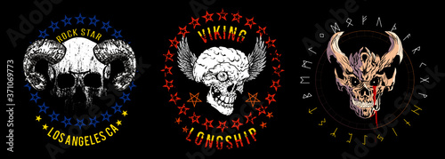 Set of three illustrated skulls. Vector drawings of heads for t-shirts or posters.