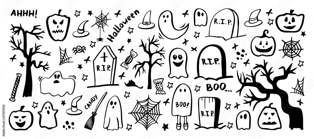 Vector set of halloween clipart. Funny, cute illustration for seasonal design, textile, decoration kids playroom or greeting card. Hand drawn prints and doodle.