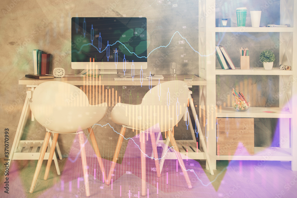 Multi exposure of stock market chart drawing and office interior background. Concept of financial analysis. Multi exposure of stock market chart drawing and office interior background. Concept of financial analysis.