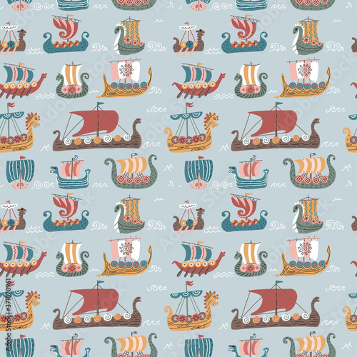 Seamless pattern with many Viking drakkars. Trendy scandinavian flat vector illustration. Sea sailboat ships.