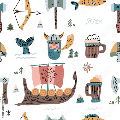 Vector seamless pattern with viking, their armor, beer and ship. Viking age cartoon character background, wallpaper, fabric, wrapping paper. Flat scandinavian illustration in doodle style.
