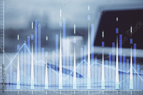 Double exposure of financial graph drawings and desk with open notebook background. Concept of forex market © peshkova