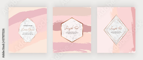 Geometric marble frame on the peach brush stroke texture. 
