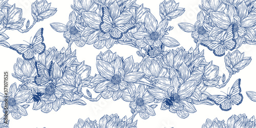 Tropical flowers seamless pattern in sketch style on white background - hand drawn exotic blooms of magnolia with butterfly. Vector illustration. 