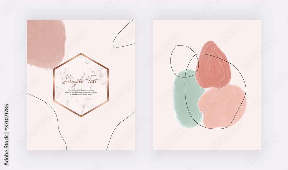Freehand cards with hand drawing watercolor brush stroke shapes and geometric marble frames with leaves.
Freehand cards with hand drawing watercolor brush stroke shapes and geometric marble frames with leaves.