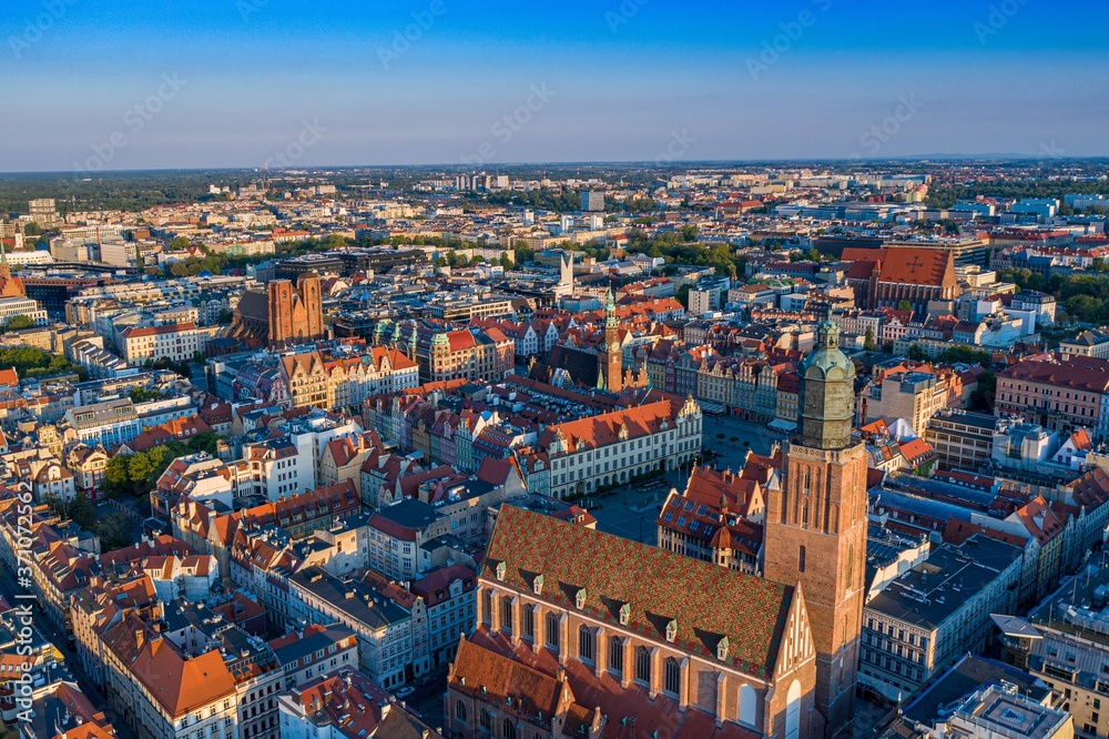 Aerial drone view on Wroclaw main square