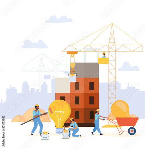 Group of diverse workers painting light bulbs on an industrial building construction site in a conceptual image, colored vector illustration. Idea management concept