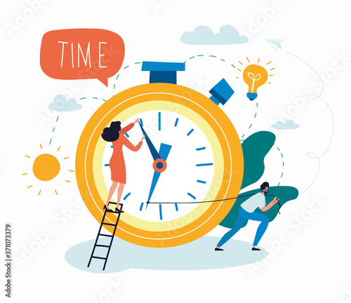 Time management and efficiency or work flow concept with businesswoman adjusting the hands of a clock, colored vector illustration