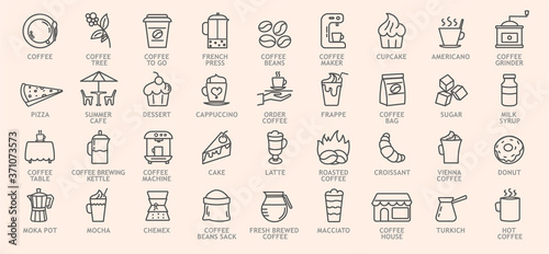 Very large set of line drawn coffee icons with explanatory text below showing food, restaurant tables and assorted coffees over an off white background, vector illustration