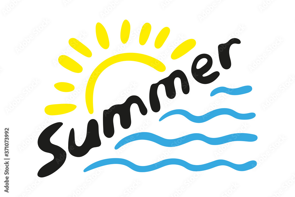 Summer text, sun and sea. Template for a banner. Colored contour silhouette. Vector flat graphic hand drawn illustration. The isolated object on a white background. Isolate.