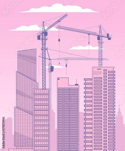 Building a big city. Construction cranes and skyscrapers on the background of the cloudy sky.Vector illustration.