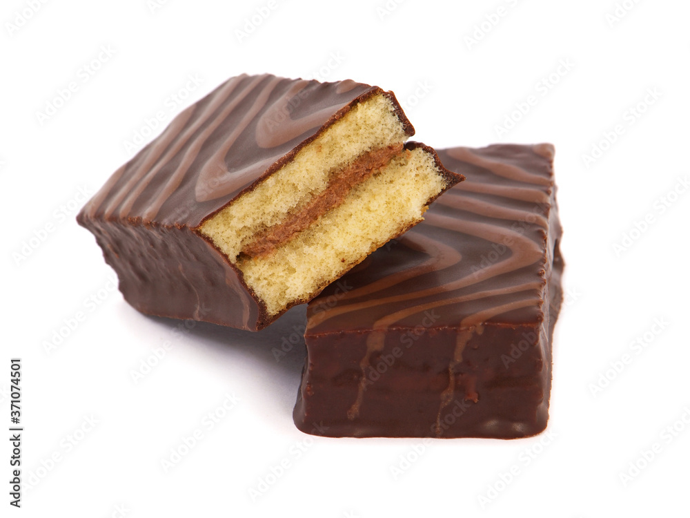 Cake bars covered with chocolate isolated on white Cake bars covered with chocolate isolated on white
