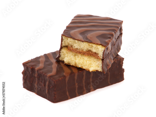 Cake bars covered with chocolate isolated on white 