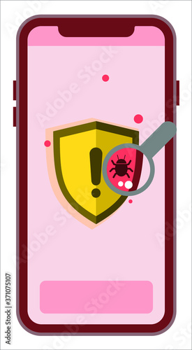 Ilustração Smartphone Scan, verified, scan, virus, celular, iphone, lupa, escudo, verificado, escaneado, infectado, varredura, quarentena, scanner,  ok, sem infeccao, startup, tecnologia, seguranca
