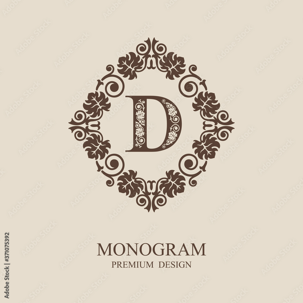 Monogram design elements, Calligraphic graceful template, Letter emblem D, Elegant line art logo, Business sign for Royalty, Boutique, Cafe, Hotel, Heraldic, Jewelry, Wine, Vector Eps 10 Monogram design elements, Calligraphic graceful template, Letter emblem D, Elegant line art logo, Business sign for Royalty, Boutique, Cafe, Hotel, Heraldic, Jewelry, Wine, Vector Eps 10