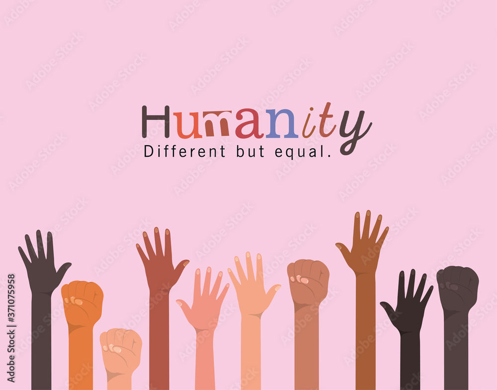 Obraz premium humanity different but equal and diversity open and fists hands up design, people multiethnic race and community theme Vector illustration