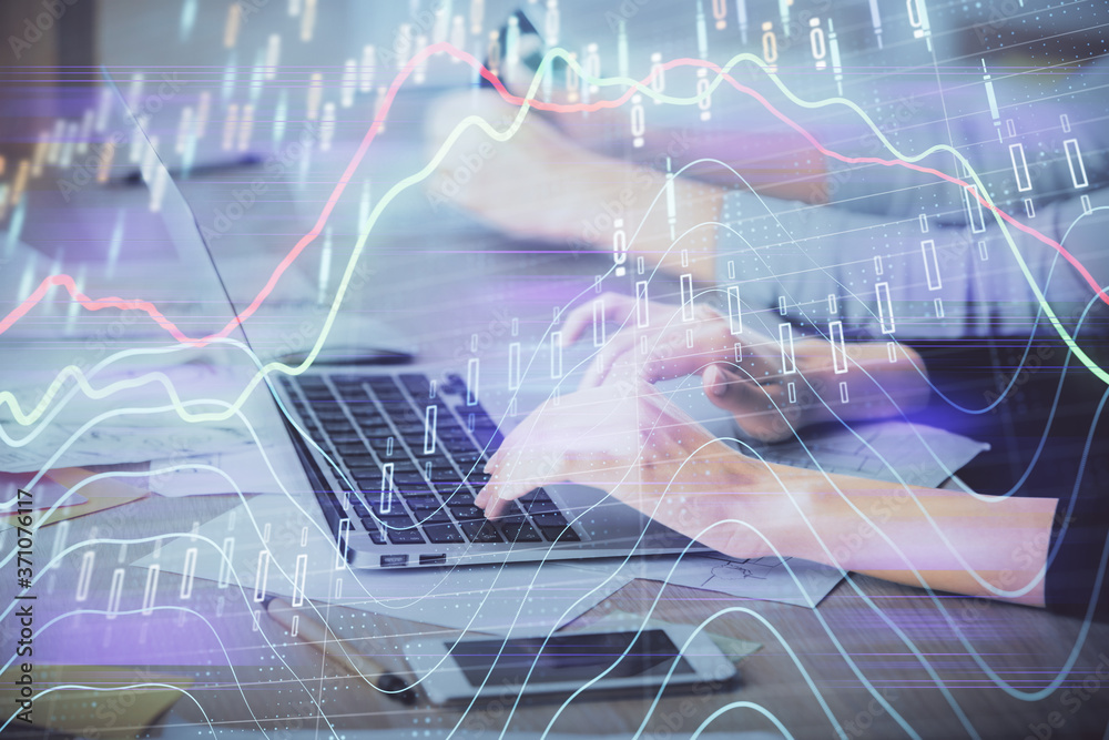 Multi exposure of woman hands typing on computer and financial chart hologram drawing. Stock market analysis concept. Multi exposure of woman hands typing on computer and financial chart hologram drawing. Stock market analysis concept.