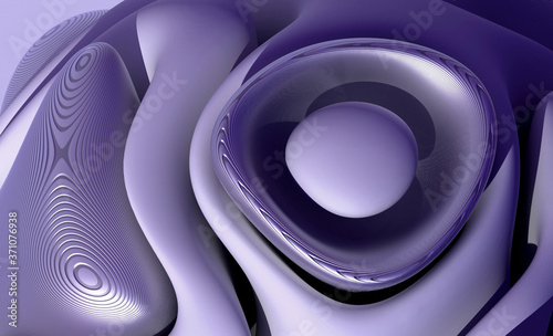 3d render of abstract art 3d background with in organic curve round wavy smooth and soft bio forms with lines patten on metallic surface in purple color with white ceramic parts 