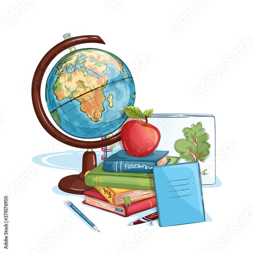Composition with school supplies on a white background. Globe, a stack of books, an apple, a sketchbook and a notebook with a pen. Back to school.