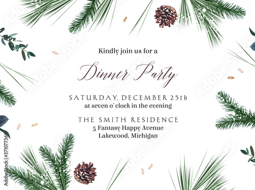 Emerald christmas greenery, spruce, fir, pine cones seasonal vector design frame