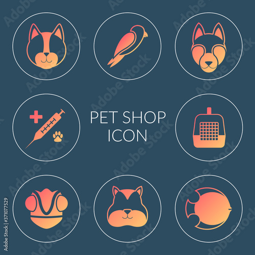Vector set of icons. Subjects online pet store. Illustrations of silhouettes of a cat, dog, hamster, chameleon, fish, accessories, veterinary medicine in bright orange circles.