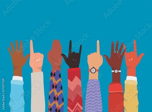 diversity of hands up making symbols design, people multiethnic race and community theme Vector illustration