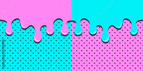 Comic flow down pink and azure liquid on polka dot pattern. Bright background in pop art style, space for your text. Vector illustration