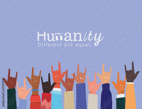 humanity different but equal and diversity hands up with rock sign design, people multiethnic race and community theme Vector illustration
