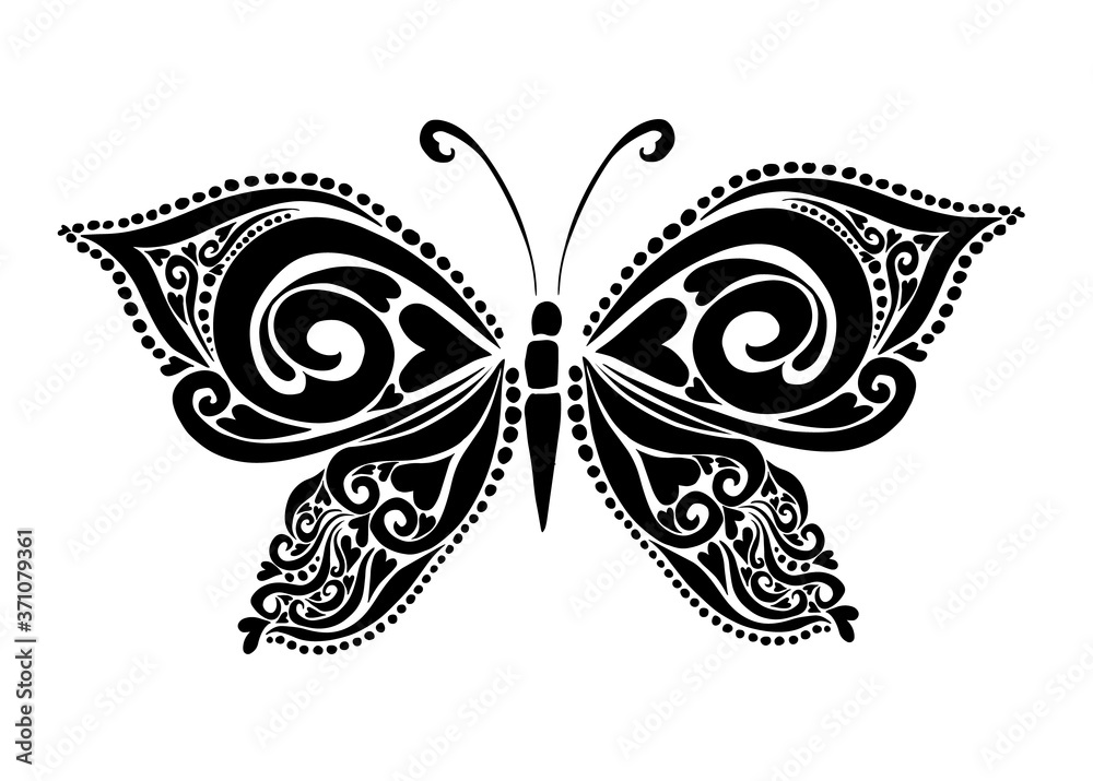 Butterfly decorative tattoo. Black Butterfly from patterns. Vector illustration