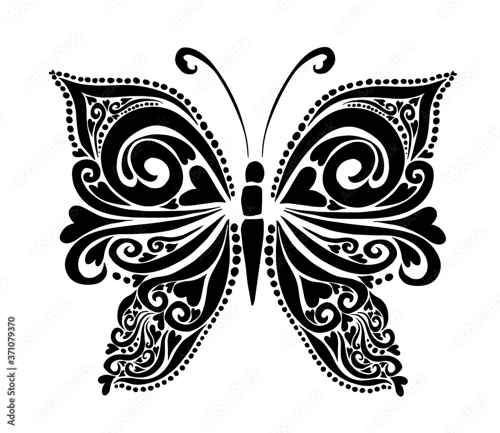 Butterfly decorative tattoo. Black Butterfly from patterns. Vector illustration Butterfly decorative tattoo. Black Butterfly from patterns. Vector illustration