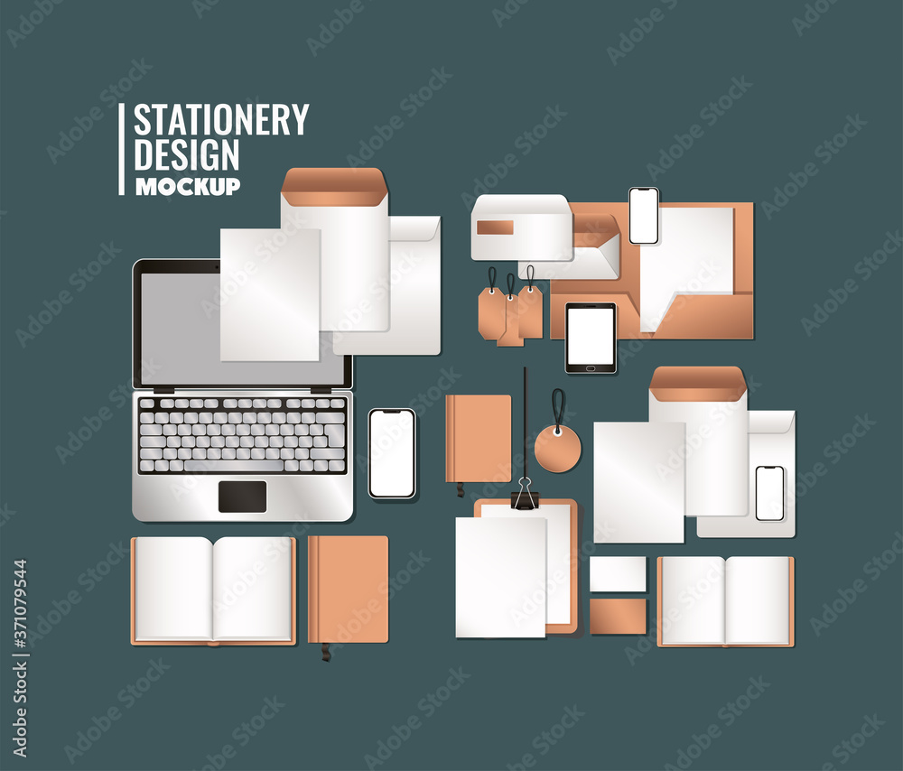 laptop and mockup set on green background of corporate identity and stationery design theme Vector illustration laptop and mockup set on green background of corporate identity and stationery design theme Vector illustration