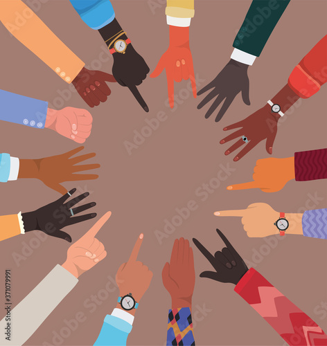 diversity of hands in circle shaped design, people multiethnic race and community theme Vector illustration