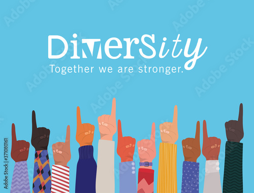 number one sign with hands up and diversity together we are stronger design, people multiethnic race and community theme Vector illustration