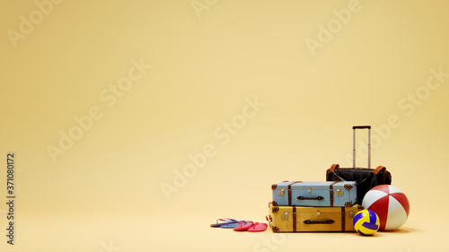 Suitcases, balls, slippers and bags on empty yellow mockup background, summer luggage 3D illustration concept