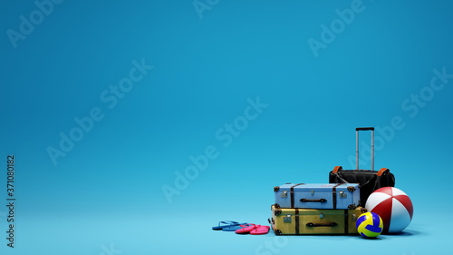 Suitcases, balls, slippers and bags on empty blue mockup background, summer luggage 3D illustration concept