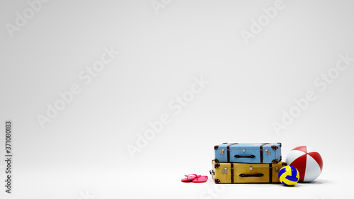Suitcases, balls and slippers on empty white mockup background, summer luggage 3D illustration concept	