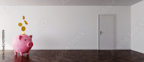 piggy bank and coins in empty apartment with white walls, 3D illustration and mockup background concept