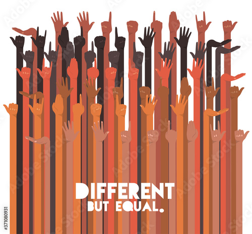 different but equal and diversity skins hands up design, people multiethnic race and community theme Vector illustration