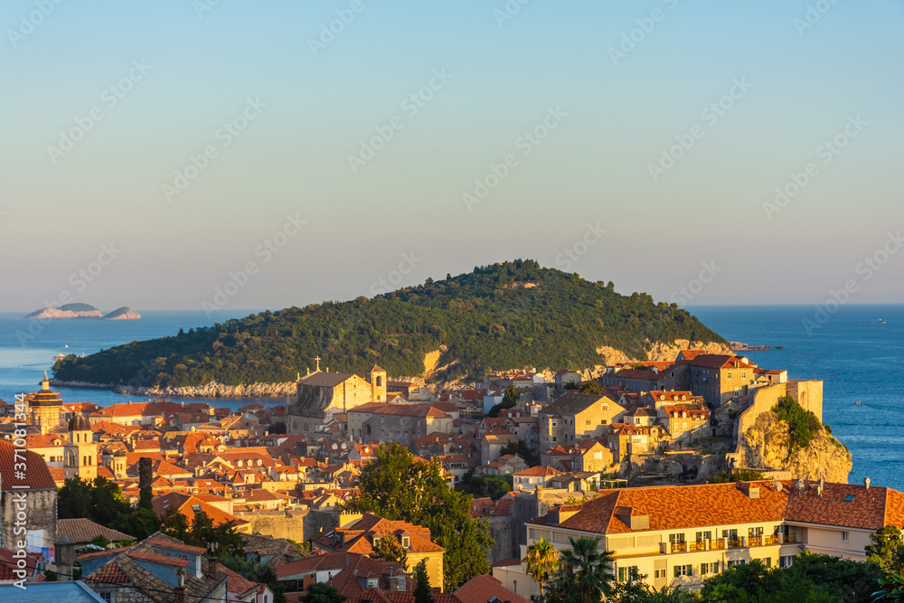 Landscape of Dubrovnik old town at sunset, Croatia