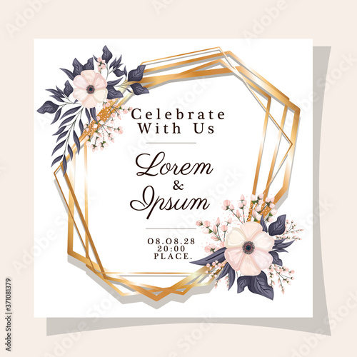 Wedding invitation with gold frame flowers and leaves design, Save the date and engagement theme Vector illustration