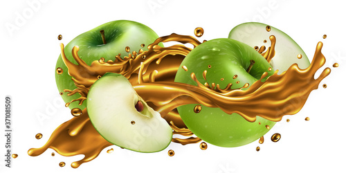 Splash of fruit juice and fresh green apples.